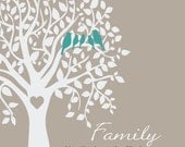 Personalized Family Prints, Family Tree Birds Monogram/Name Home Decor. 8" x 10"  Coral Gray You Choose Your Colors Gift Guide