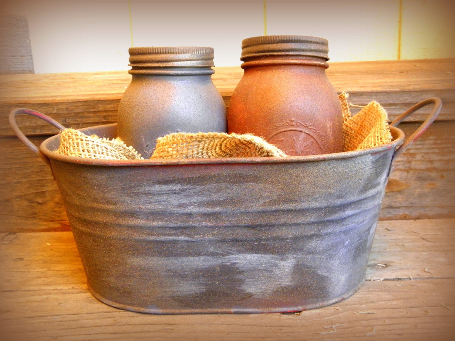 Shabby Farmhouse Primitive Rusty Rustic Metal Tub with Handles with 2 Rusty Mason Jars