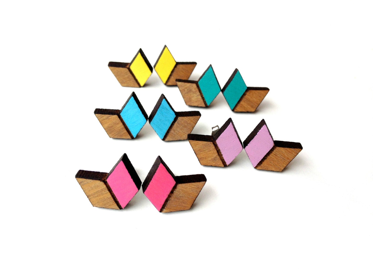 Chevron Arrow Laser Cut Wood Earrings Studs - Tallowwood - pick your colour - Yellow Lilac Sky Blue Hot Pink Emerald