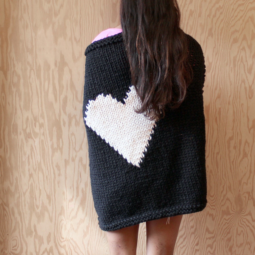 Black & White Knitted Heart Baby or Lap/Throw Blanket
