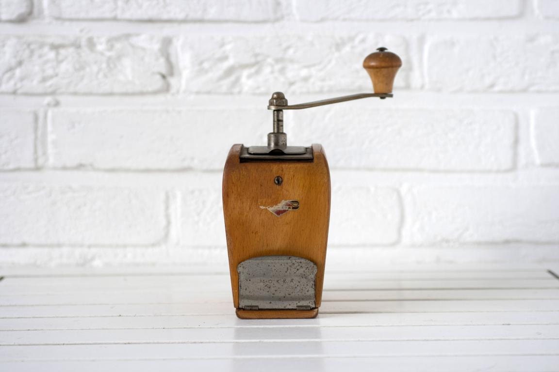 Vintage German Circa 1930s Wooden Espresso Mocha Grinder by KYM Curved Wood with Flip Top and Drawer