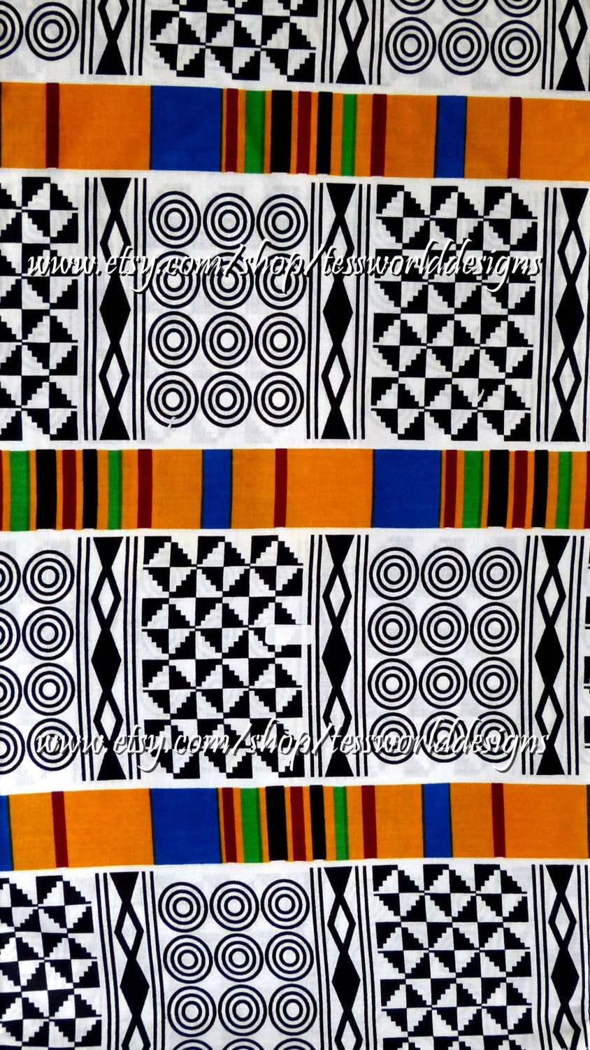 African Fabric, No.KF004A, African fabric quarters, African Kente Cloth,white, orange, black, blue,  Per Fat Quarter.