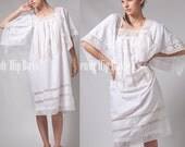 Vintage 70s White Floral lace Geometric Sleeve Hippie Boho Dress - M/L/XL