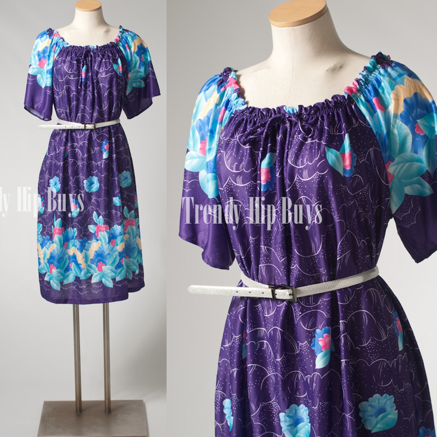 Vintage 70s Purple Blue Floral Summer house dress - 1XL/2XL/3XL