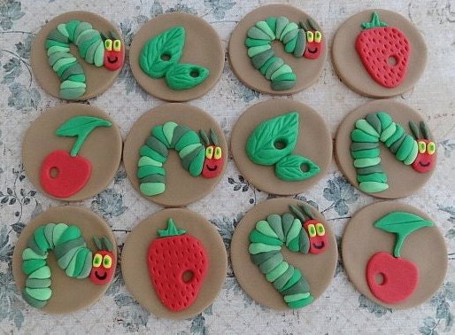 12 Fondant edible cupcake toppers - "Hungry Caterpillar" Inspired Theme 3.
