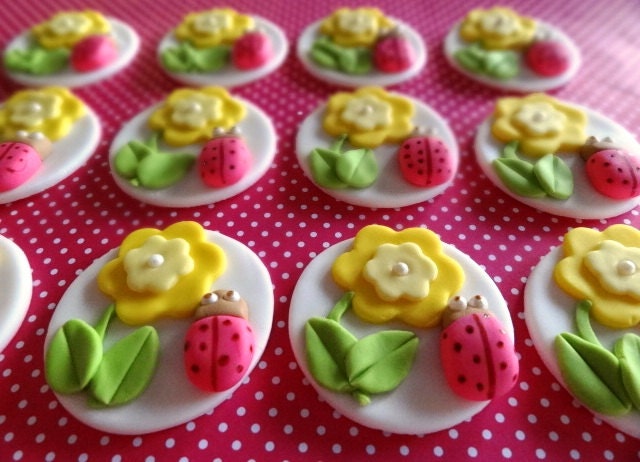 12 Fondant edible cupcake/cookie toppers - Ladybugs with flowers 2.