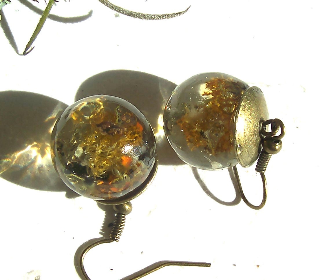 Lichen Resin Globe Sphere Orb Bronze Drop Earrings