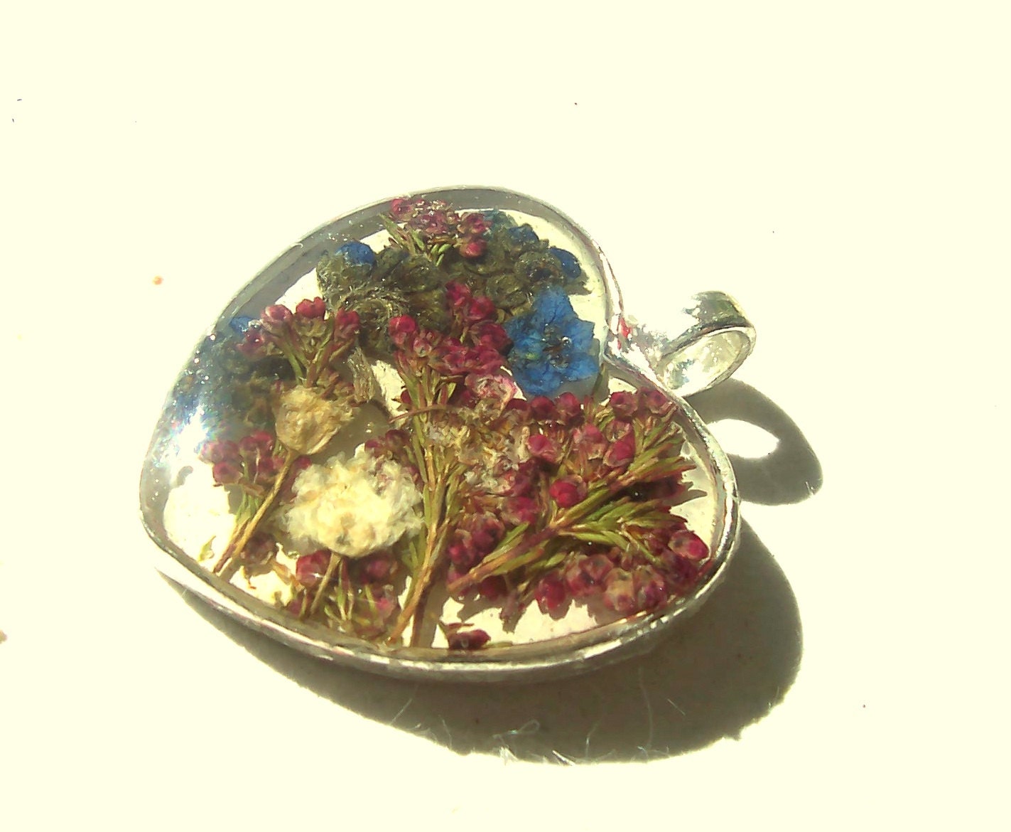 Heather, Forget-me-not, Babys Breath Real Pressed Flower Heart Silver Plated Botanical Pendant