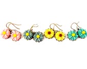 Daisy Earrings, Flower Dangles, Antiqued Brass and Resin Flower Jewelry, Pink, Blue, Turquoise and Yellow, Pick One