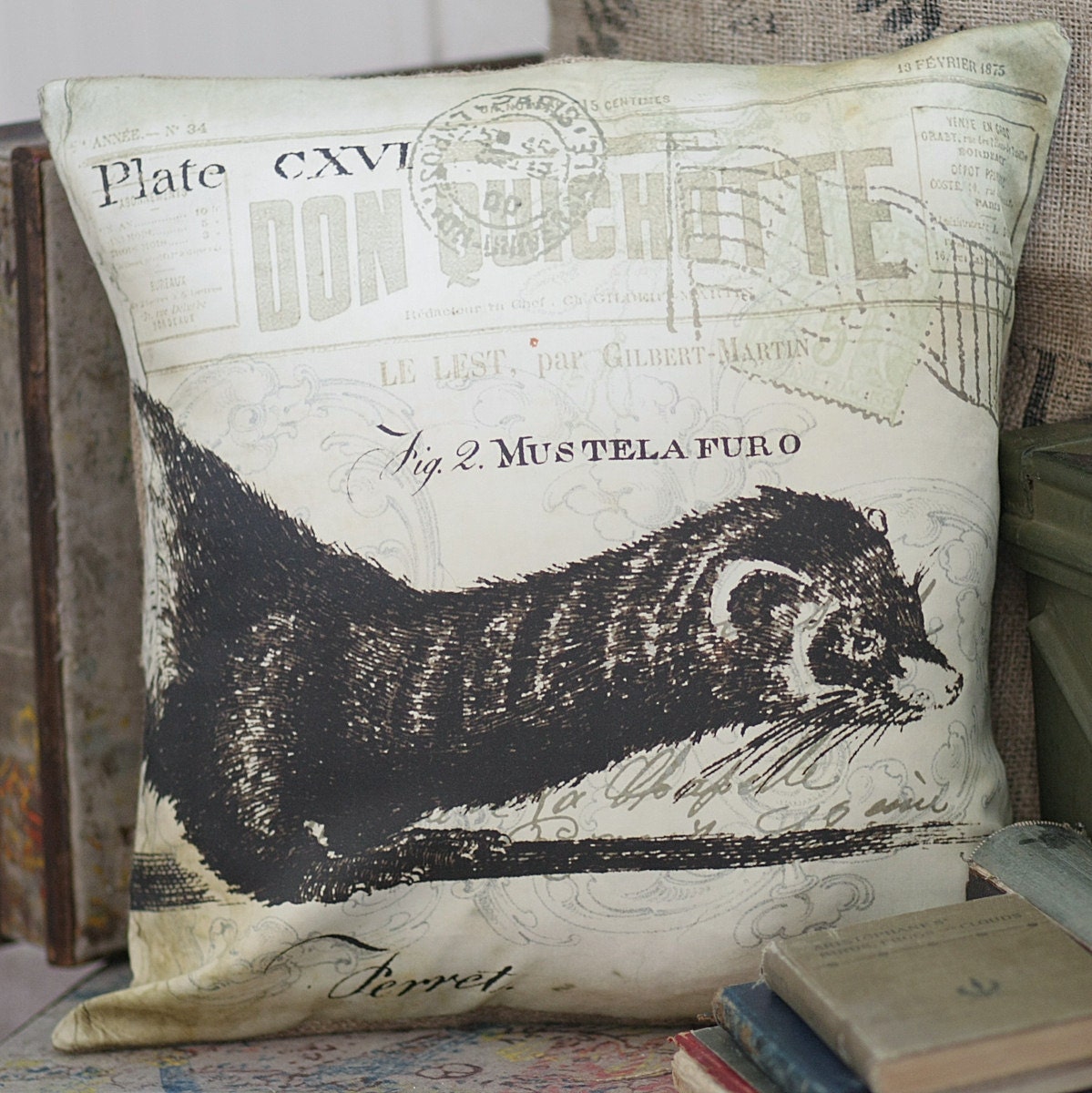 Vintage French Pillow Ferret Antique Document Burlap Cotton Throw Pillow Cover - Ships FREE to US and Canada