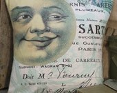 Vintage French Moon Postal Document Burlap Cotton Throw Pillow Cover - Ships FREE to US and Canada