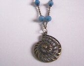 Aquamarine Necklace Shell Layered Bronze Spiral Seashell Nautilus Snail Pendant March Birthstone