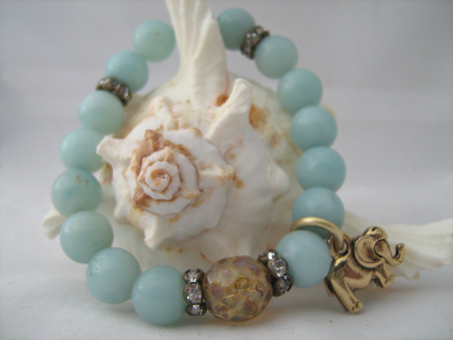 Amazonite Gemstone Stretch Bracelet - Blue, Green, Sparkling Rhinestones - Gold, Elephant, Lucky  - Boho Chic - Summer, Beach Jewelry