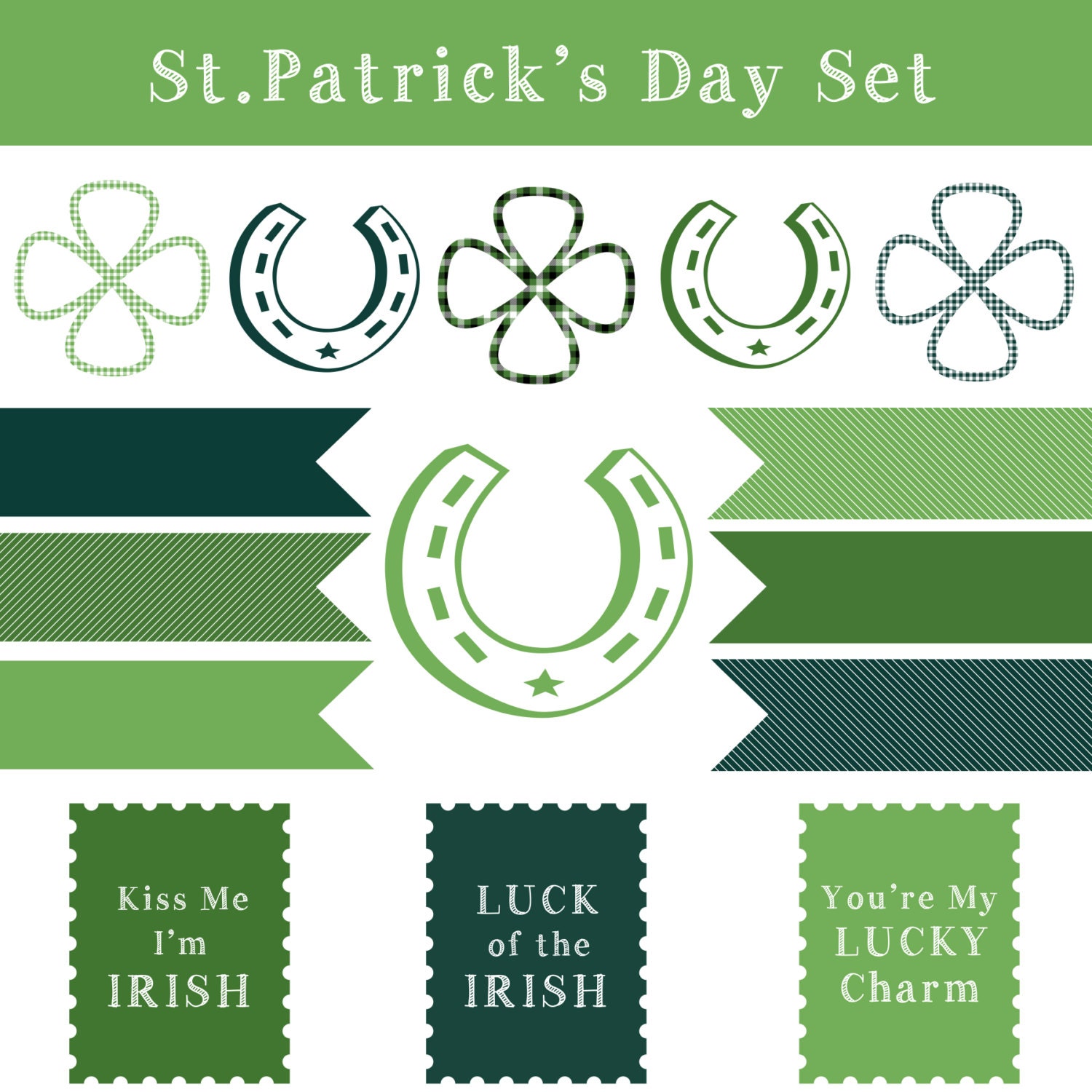 INSTANT DOWNLOAD // Digital Clip Art for St.Patrick's Day // Green Clover, Flags, Horseshoes // Personal and Commercial Use Il_170x135