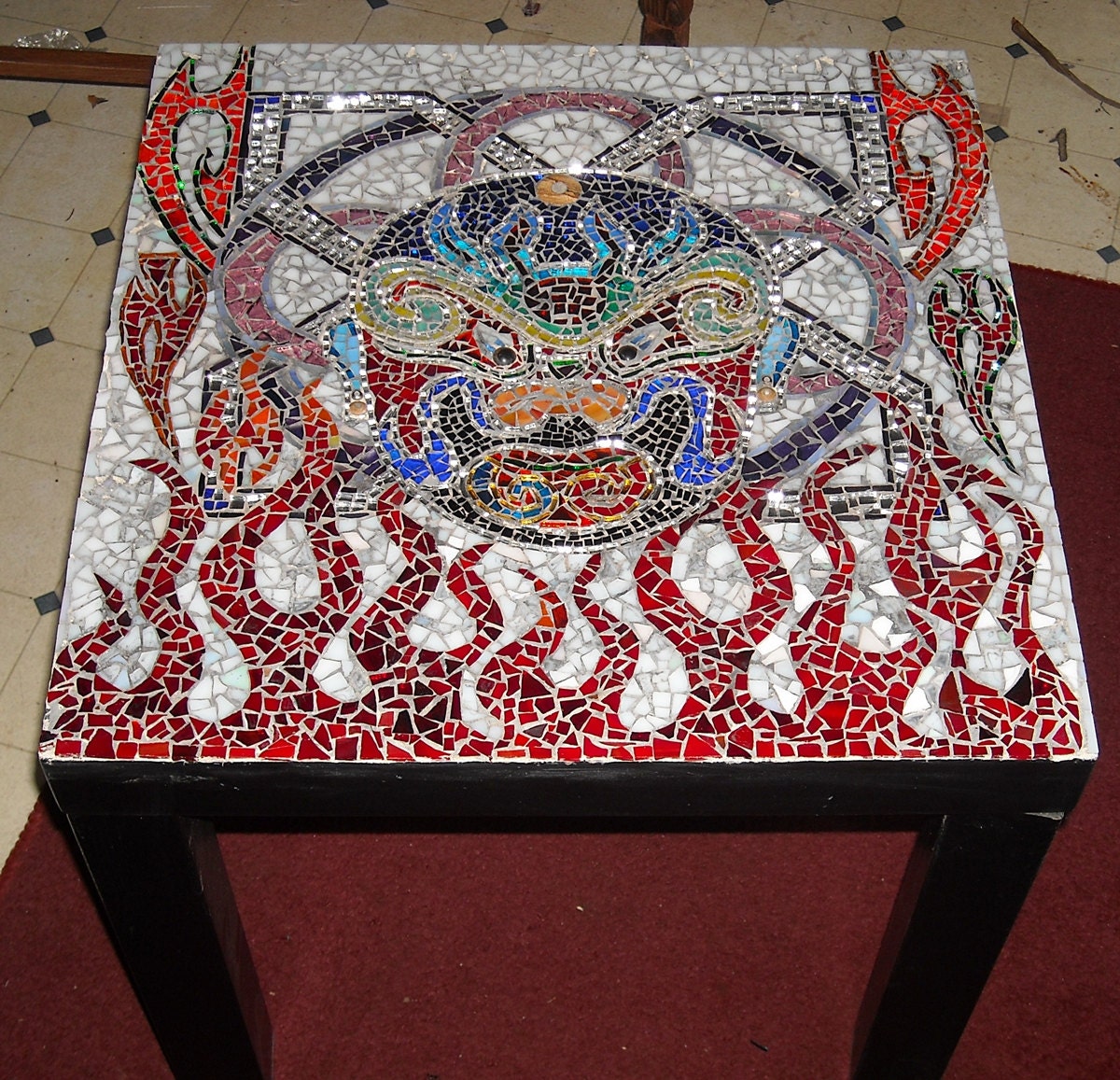 handmade mosaic accent table,end table. black, square, all handcut stained glass pieces..