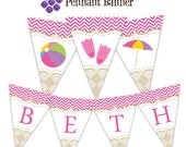 Pool Party Pennant Banner - Pink Chevron and Argyle Pool Water Beach Ball Personalized Birthday Party Banner - A Digital Printable File