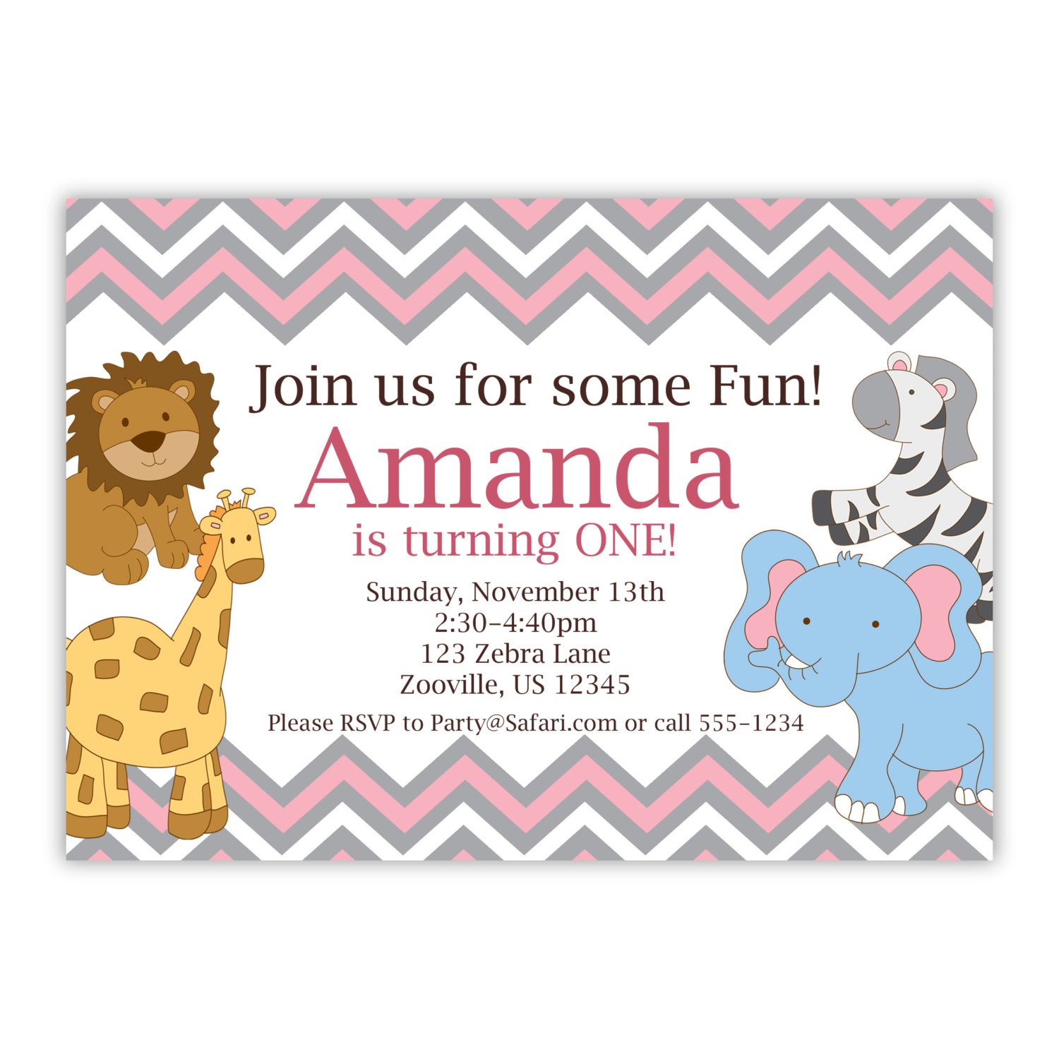 Safari Invitation - Pink and Gray Chevron Stripes Jungle Animals Personalized Birthday Party Invite - a Digital Printable File