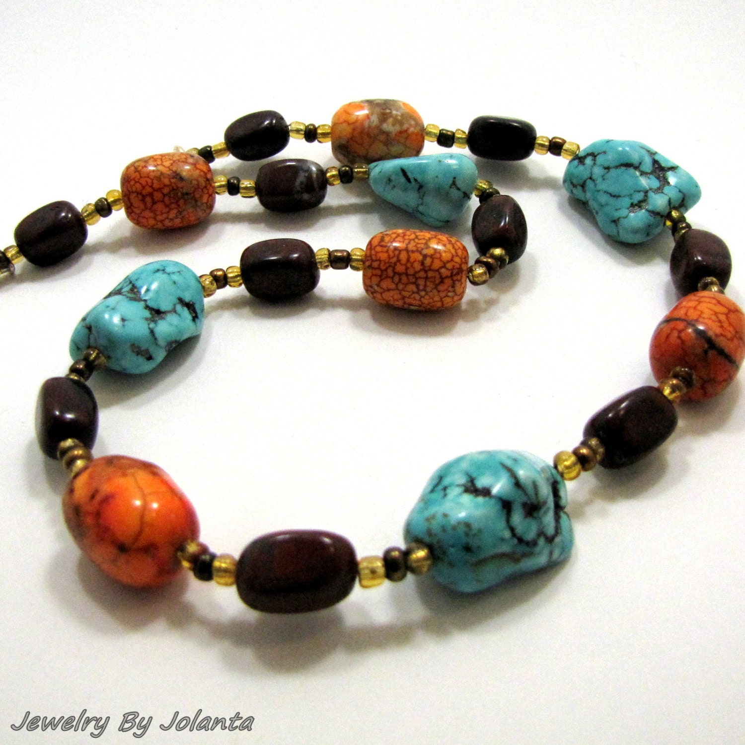Turquoise, Orange and Brown Necklace, Natural Stone Jewelry, Bib Statement Necklace, Beaded Jewelry Beaded