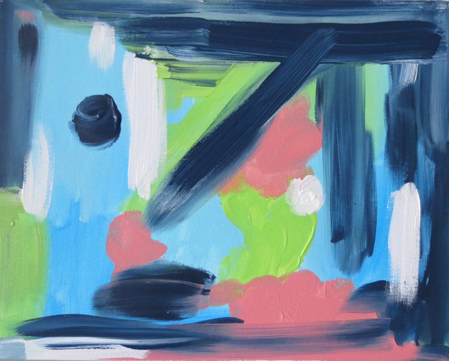 Original Abstract Painting "China Seas" Navy, Blue, Green, White and Peachy Pink