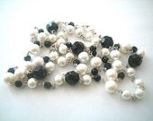 Vintage Faceted Jet Black Beads & Glass Faux Pearl Necklace Metal Strung 36 Inch Plus Detachable Extender