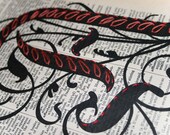 Hand Embroidered Monogram, Hand Sewn Initial, Upcycled Dictionary Page Vintage Book Art, Pink & Green Letter, Medieval Swirly font