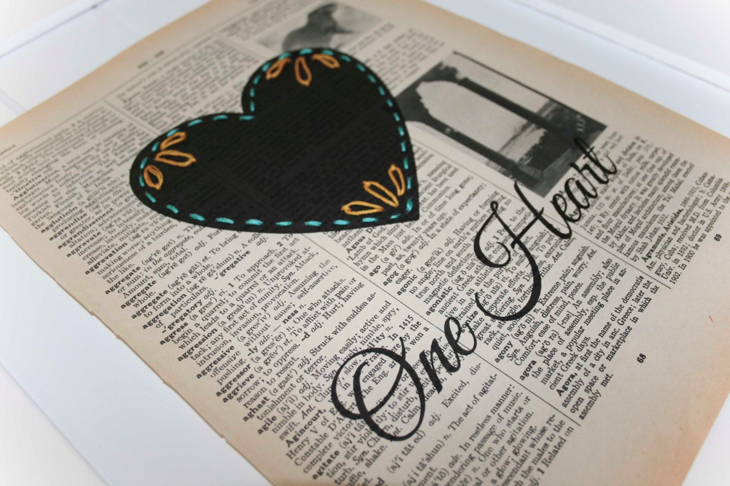 Love Quote Print, Hand Embroidered Heart, Upcycled Dictionary Page Vintage Book, Hand Stitched, Yellow Mint, Eco Anniversary Wedding Gift