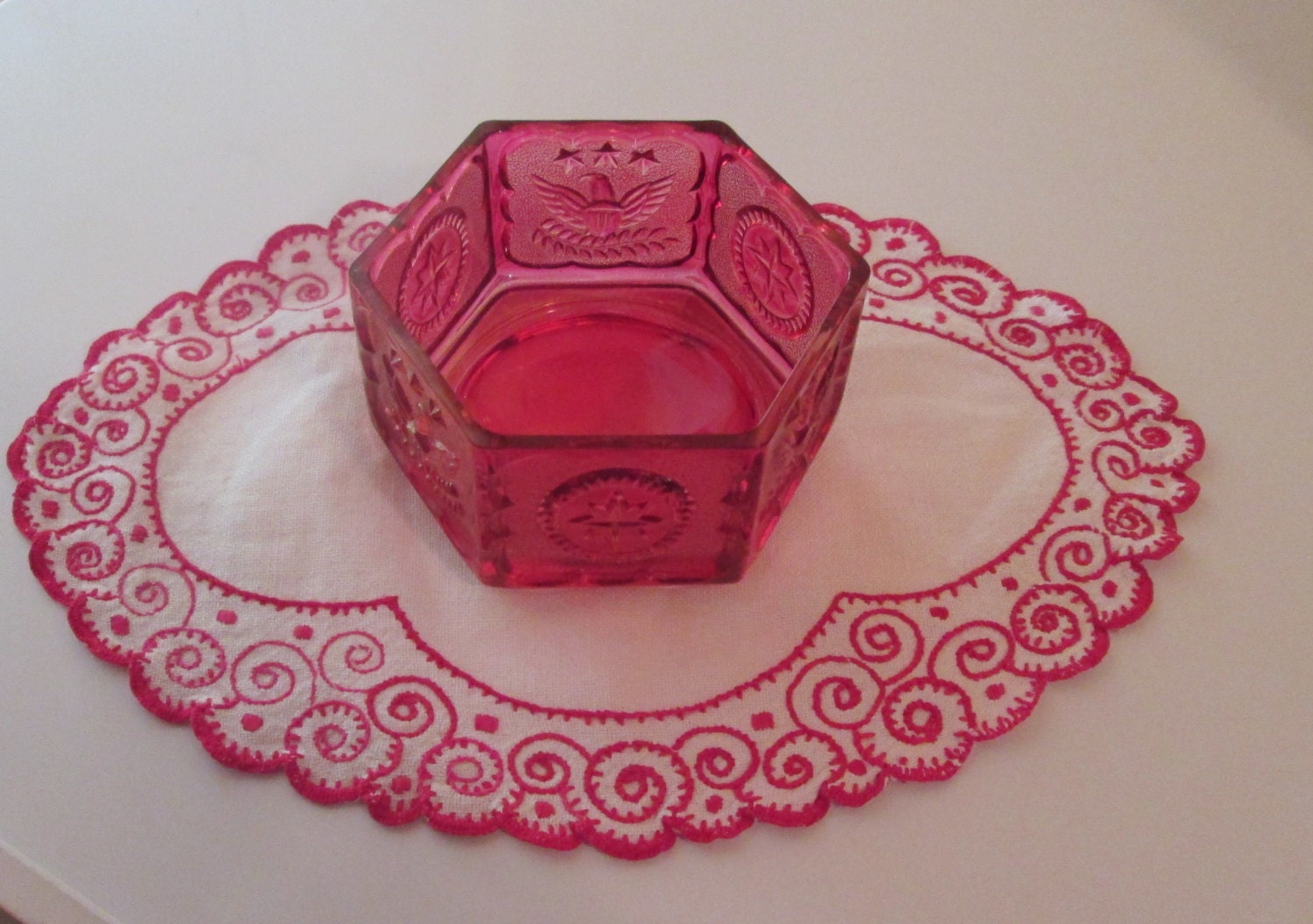 Vintage Cranberry Colored Pressed Glass Patriotic Candy Dish