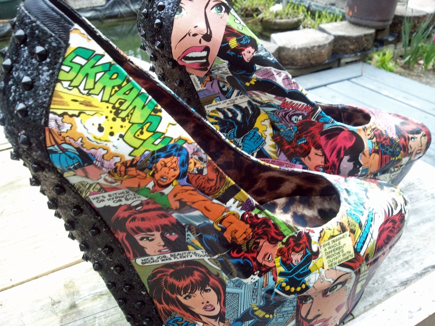 Black Widow Comic Book Shoes - Marvel Comic Heels - Custom Wedges