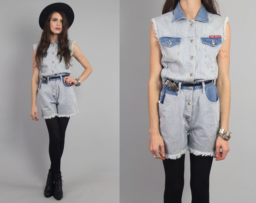 Vtg 90s striped denim patchwork denim romper playsuit jumper S