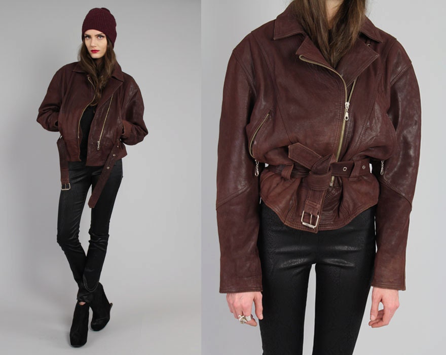 Vtg 80s Brown Maroon Leather Motorcycle Biker Bomber Jacket M