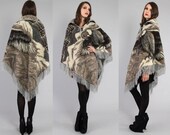 Vtg 70s Western Navajo EAGLE print Fuzzy Wool Cape Poncho Coat OS