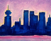 ORIGINAL Acrylic Painting Sundown Vancouver, 5x7 Colorful City Skyline Art - MorganRalstonArt