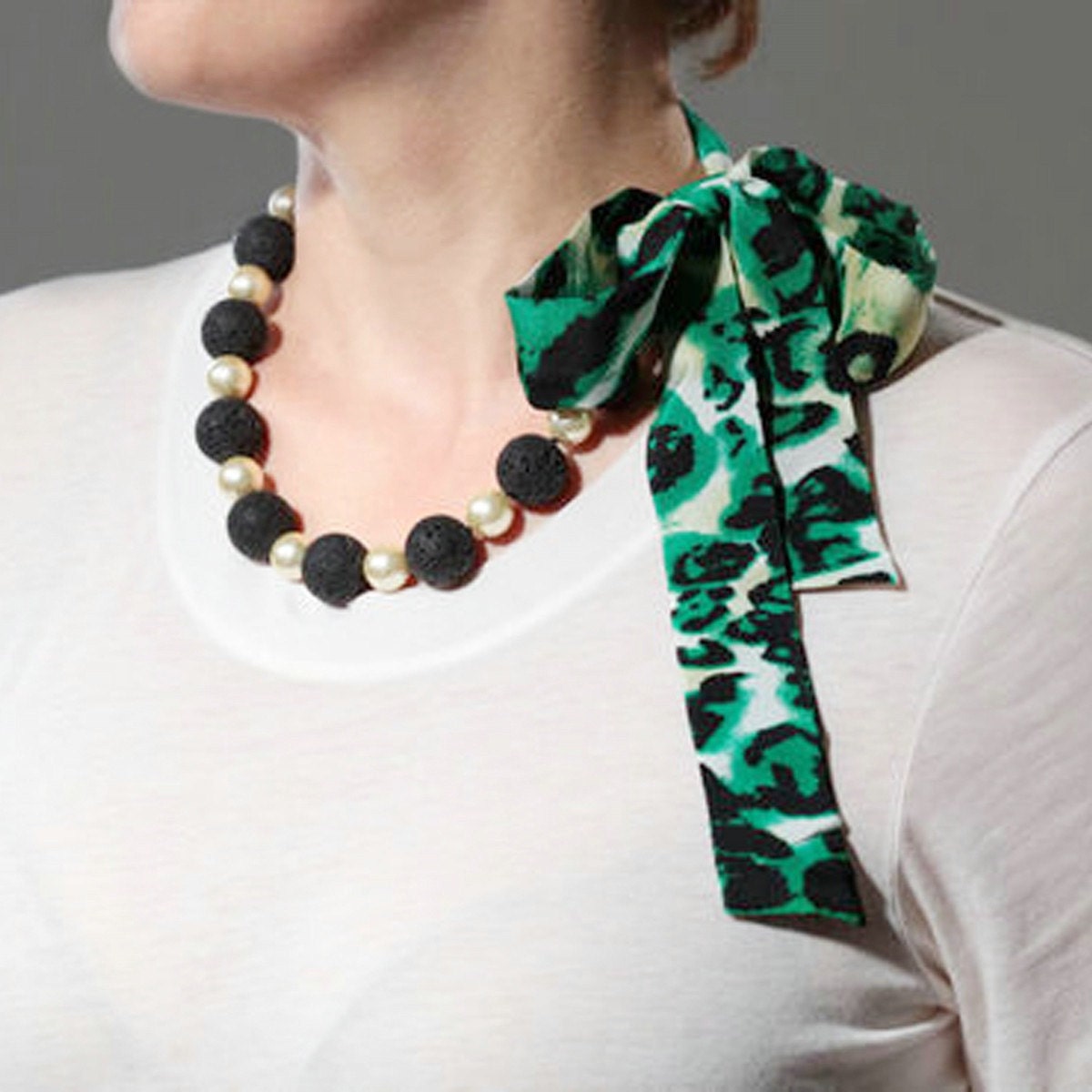 Black and green necklace with silk ribbons.  Lava stone and shell pearls, versatile, natural stone, gift. Free shipping