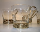Set of 4 Vintage Mod 70's  Drinking Hot Toddy Glasses with Gold Greek Key Pattern Metal Frame and Handles