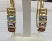 Gold hoops with Blue Topaz,  Citrine, Garnet, Garnet and Amethyst,Emerald Cut Stones