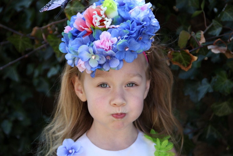 Haute in Hydrangeas gorgeous blue and pink flower fascinator headband, pillbox, headpiece for girls or women tea party,  spring or Easter