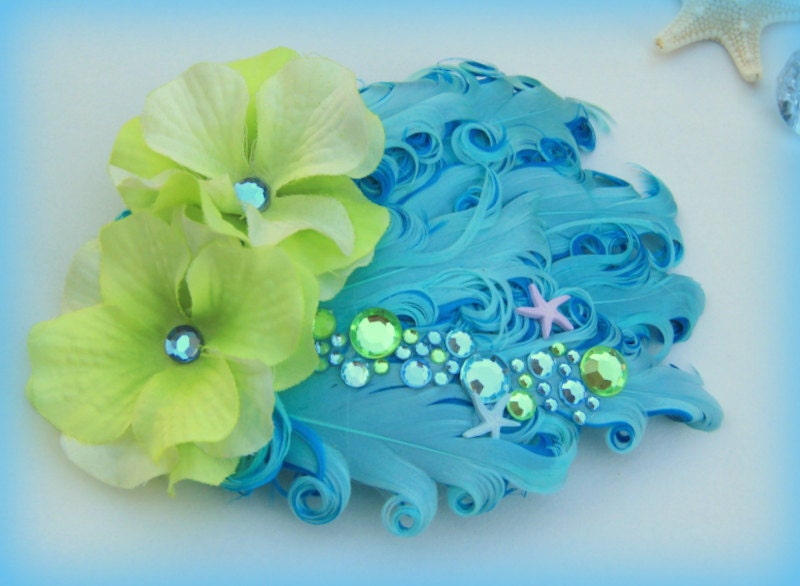 Summer Ocean Breeze lime green, aqua, turquoise beach, surf girl, luau headband, hair clip for girl, woman, mermaid party, starfish,