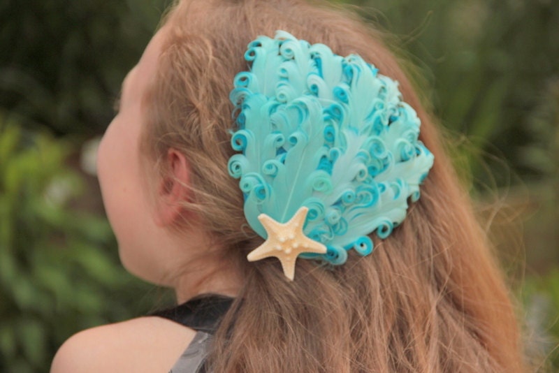 Venus's Ocean Seashell beautiful summer aqua, turquoise starfish , mermaid,  beach hair clip fascinator girl,  woman-wedding, party, beach,