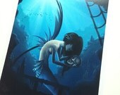 8x10 fine art print - "Deep waters" - painting of a mermaid with a skull and a sunken ship - Photoshop CG art