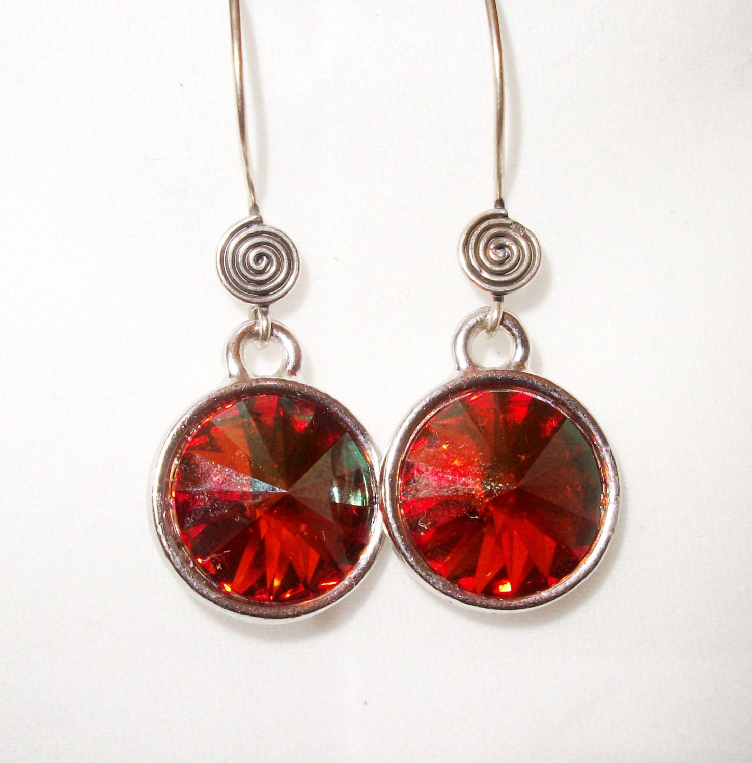 Hot Swarovski Crystal Rivolli Earrings in Chili Pepper, Bali Sterling Swirl Wires