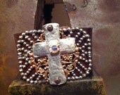 Leather cuff bracelet with vintage buckle and silver metal cross