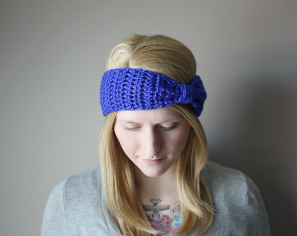 Spring Bow Head Band . Crochet Headband . Turband Ear Warmer - Cobalt Blue