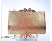 vintage brass clutch etched peacock minaudiere with shoulder chain