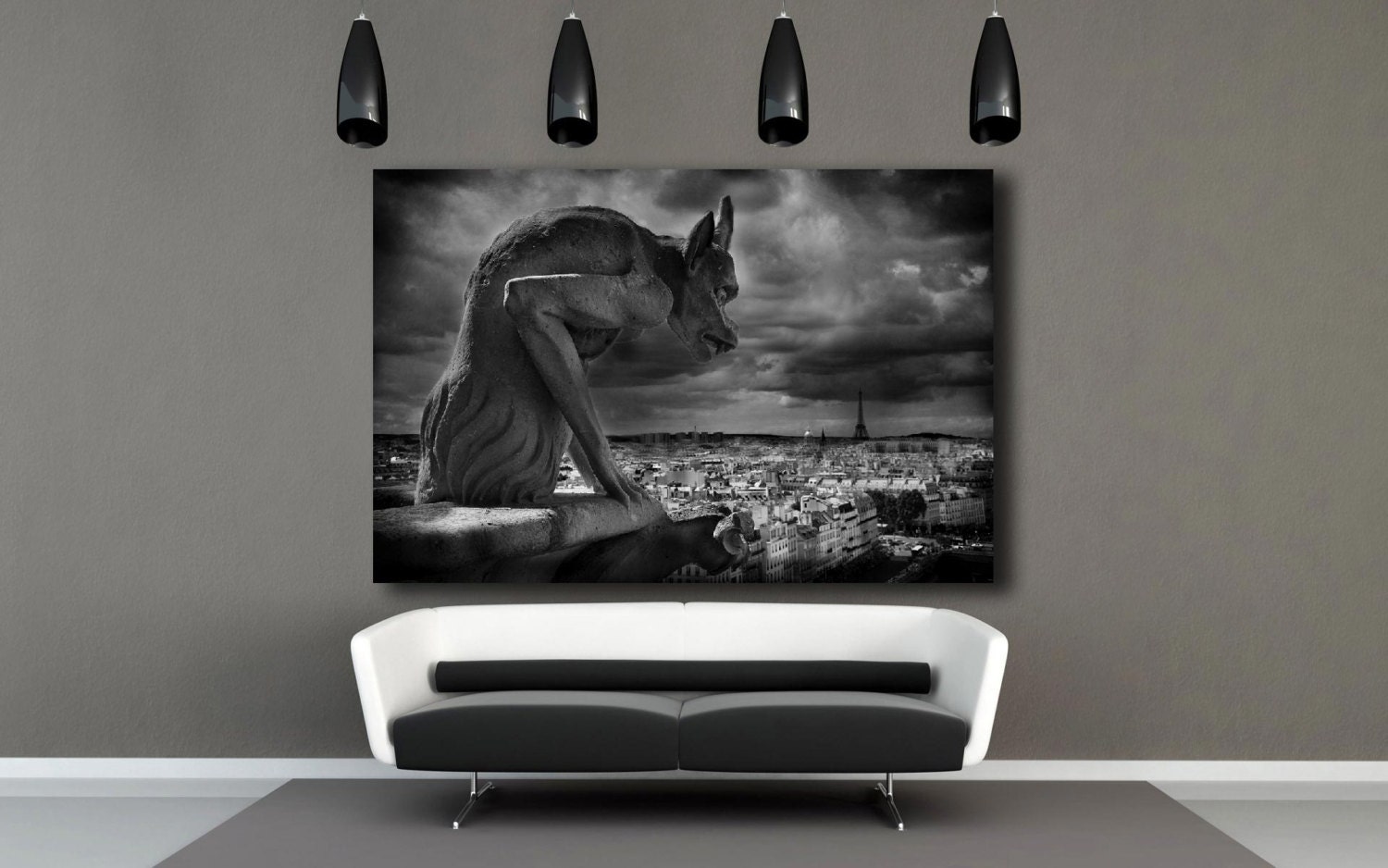 A stunning 24x36 museum quality canvas print taken of a Gargoyle as it looks down upon the beautiful Paris France