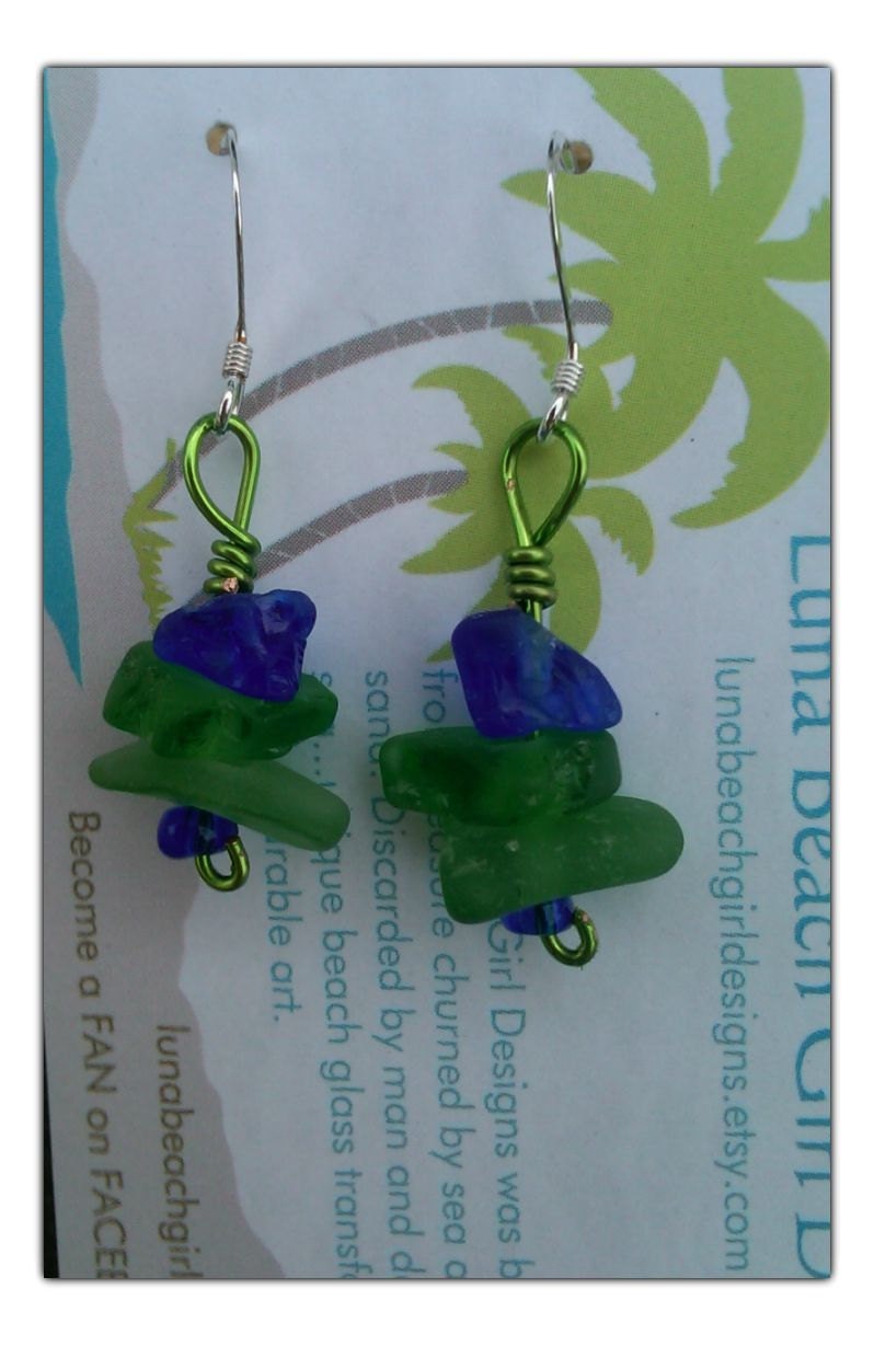 Blue and green beach glass earrings