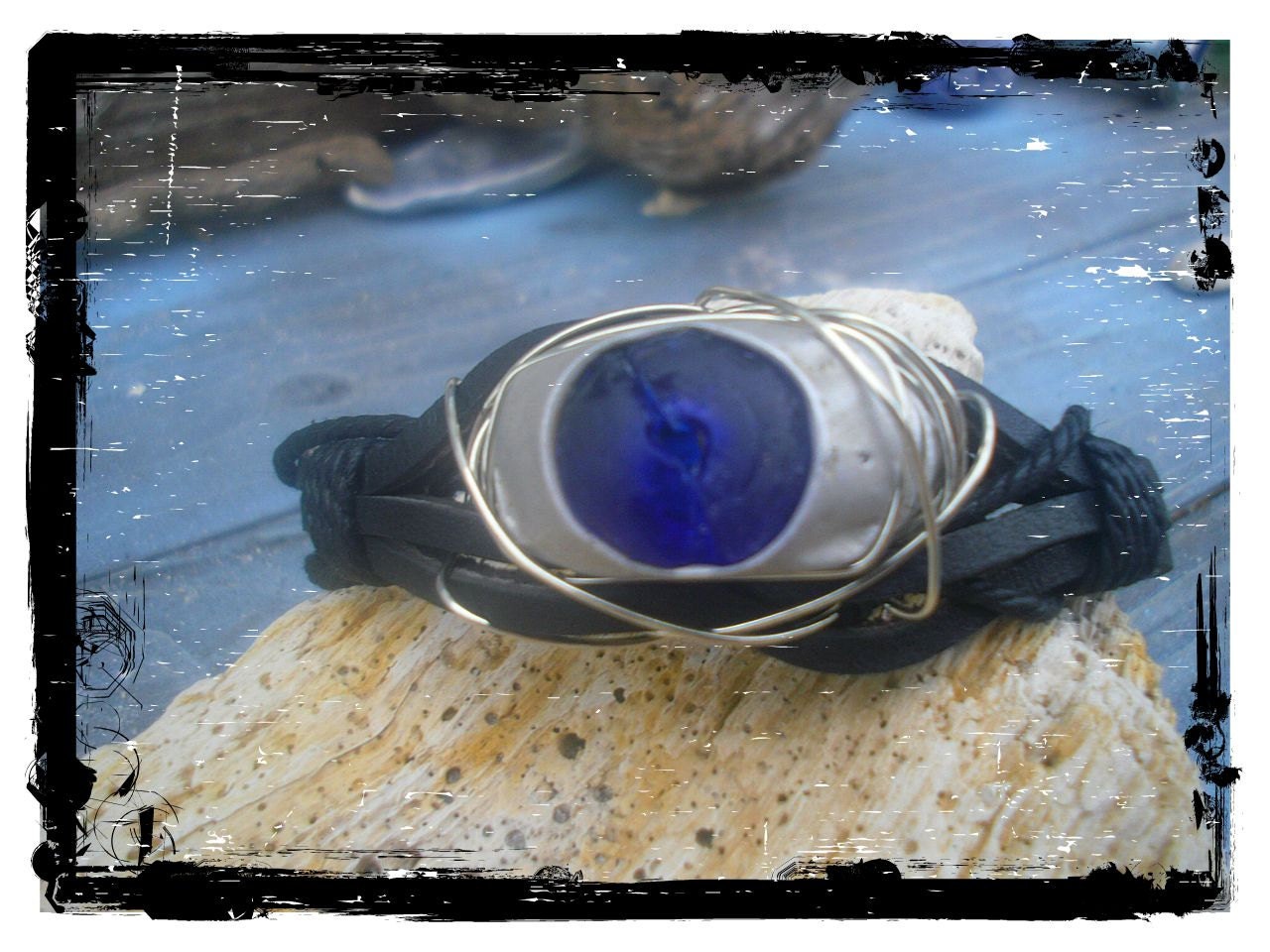 Beach glass, light bulb base leather bracelet
