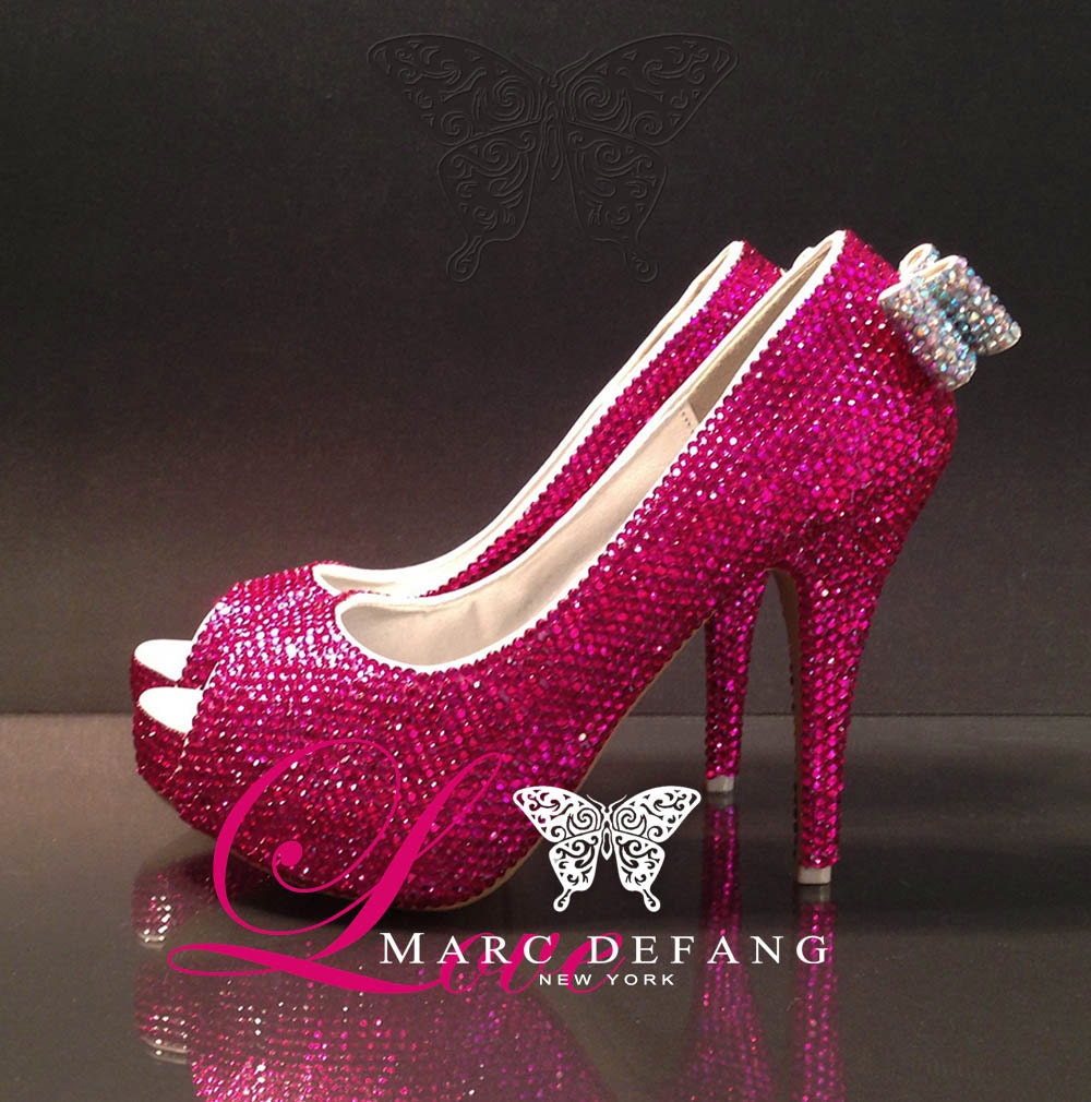 Shocking Pink Peep Toe Heels, Embellished AB Crystals Back Bows
