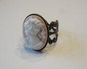 Vintage style antique style dark gold tone PINK LADY CAMEO Flower ring adjustable filigree ornate