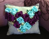 Glossy Sky Blue and Deep Purple Rose Heart Pillow