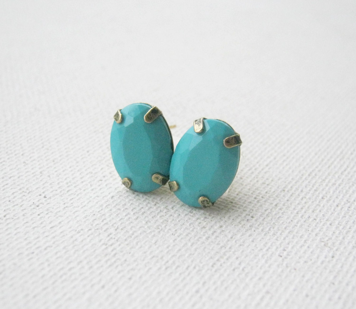 Antique Brass Blue Turquoise Stud Earrings